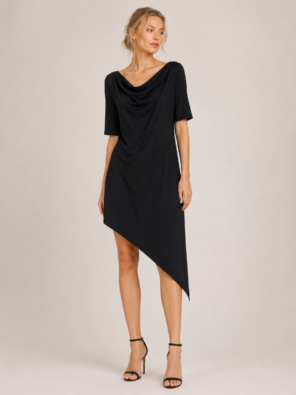 St. John Draped Cowl Neck Asymmetrical Dress Short Sleeve Black Small #A0564